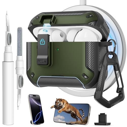 Image of for AirPods Pro 3 Case with Magnetic Lock and Phone Stand, Compatible with Magsafe Charging,with Carabiner&Cleaner kit for Apple iPod Pro 3rd Generation Cover(2025) Men Women (Grass Green)