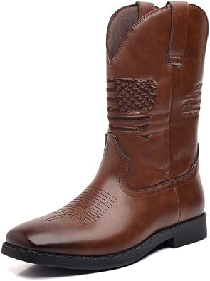 Mens Western Cowboy Boots Winter Boots Classic Embroidered, Slip on Square Toe Boots Country Boots Mid-Calf Cowboy Work Boot