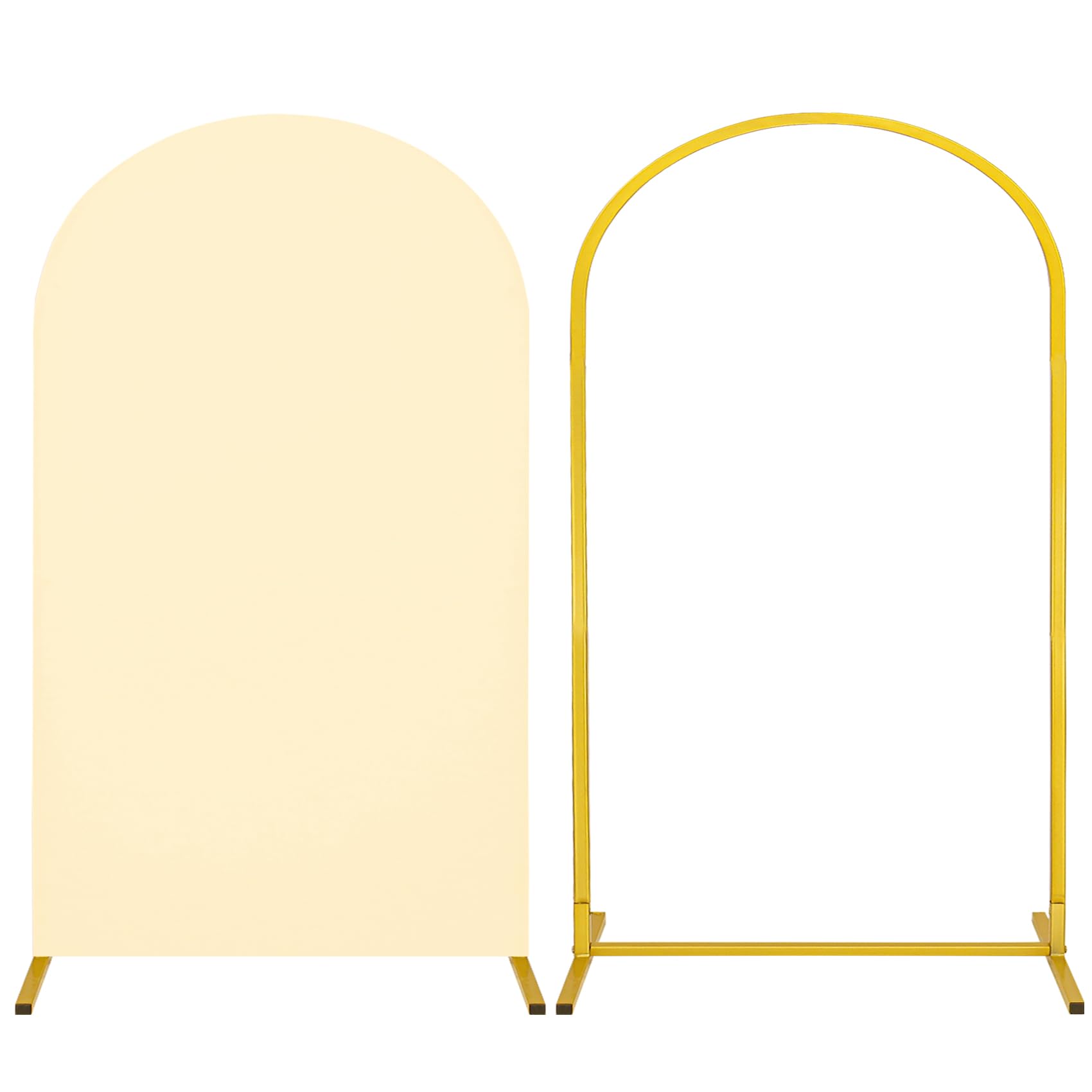 Metal Arch Backdrop Stand and Cover Set,1 Beige Spandex Fitted Arch Cover with 1 Gold Wedding Arched Stand Frame for Parties Birthday Baby Shower Bridal Banquet Decoration(6FTx3.3FT)