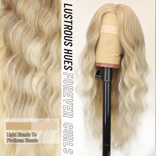 Image of AISI HAIR Platinum Blonde Wig for Women, Wavy Synthetic Lace Wig 26Inch