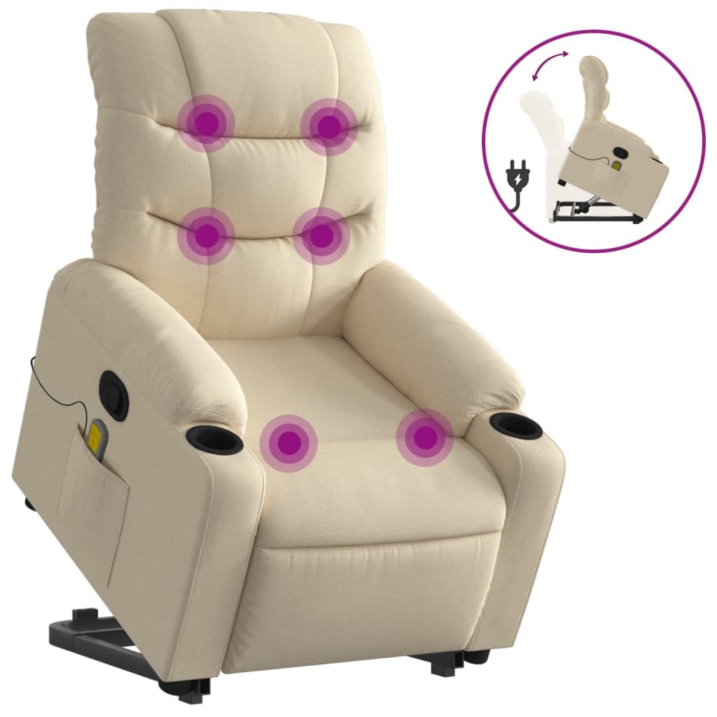 Poltrona massaggiante con supporto per alzarsi, tessuto crema, elettrica, funzione relax, vibrazione a 6 punti, comoda esperienza di seduta per soggiorno, camera da letto, portata 110 kg