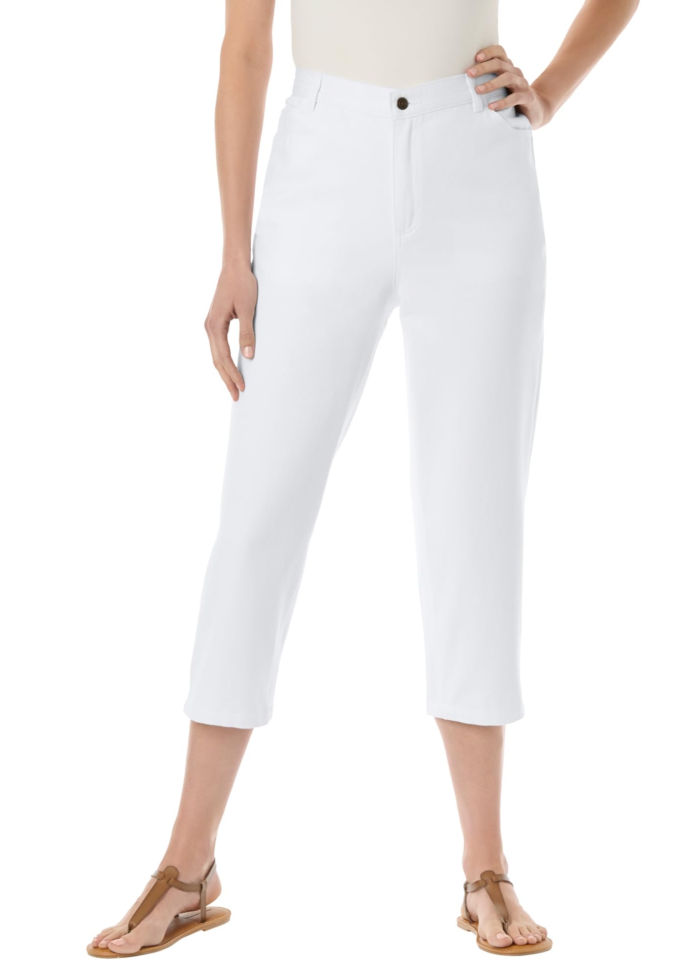 Woman Within Plus Size Perfect 5-Pocket Back-Elastic Denim Capri