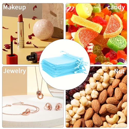 Image of Sheer Organza Bags - 100 Pcs, Small with Drawstring, Jewelry Gift & Wedding Favor Bags, Mini Candy Bags, Lake Blue