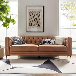 HULALA HOME 84″ W Faux Leather Sofa Couch with Metal Legs, Button-Tufted 3-Seater Sofa, Mid Century Modern Upholstered Couch for Living Room, Entertainment Area, Apartment,Camel
