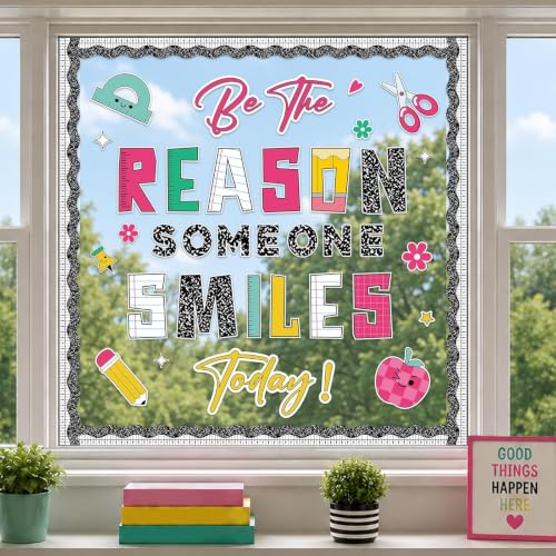 Be The Reason Someone Smiles Today Bulletin Board Set Back to School Classroom Decorations Positive Bulletin Board Composition Paper Cutouts for Kindergarten Preschool Chalkboard Wall Door Decor - Image 4