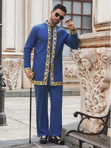 Daupanzees Men's African 2 Piece Set Luxury Traditional Suit Gold Print Dashiki Shirt and Pants Outfit3