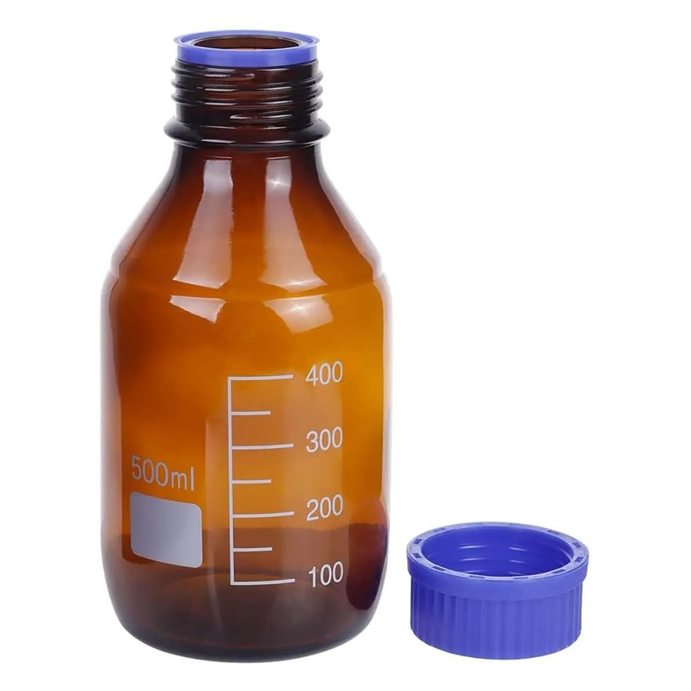 Cristalería de Laboratorio Botella de reactivo ácido graduada de vidrio marrón (paquete de 4) con tapa azul GL45 (500 ml)