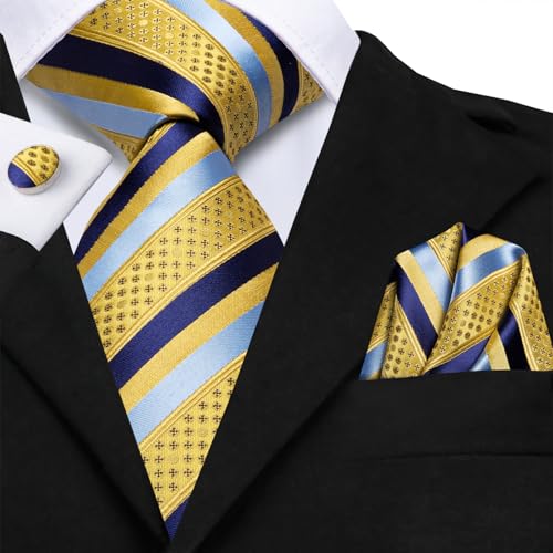 Image of Hi-Tie Mens Plaid Ties Classic Paisley Necktie with Handkerchief Cufflinks Set Business Stripe Tie