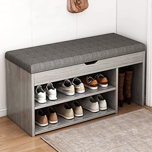 ZHANGshouf Banco Zapatero con Tapa abatible, Banco de Entrada Acolchado de Madera, Organizador de Zapatos de 2 o 3 Niveles para Pasillo, Dormitorio, Sala de Estar (80 x 28 x 43 cm, Gris)
