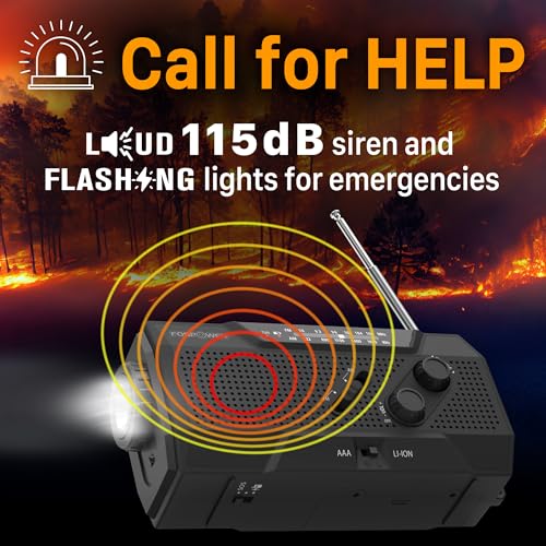 Image of FosPower NOAA Emergency Weather Radio A1 7400mWh Portable Power Bank, AM /FM, USB /Solar /Hand Crank Charging, Battery Operated, SOS Alarm & Flashlight for Indoor /Outdoor Emergency - Black