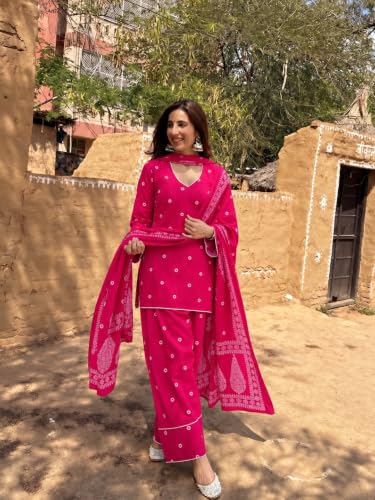 Image of ANNI DESIGNER Farshi Salwar Suit for Women | Cotton Blend Printed Straight Kurta with Dupatta | Farsi Farasi Parsi Ethnic Indian Office Party Wedding Clothing Fashion Premium Traditional Look 3 Piece