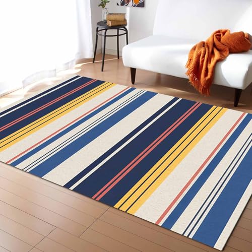 Blue Yellow Striped Area Rug 5x7 Non Slip Washable Rugs