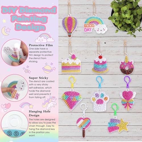 Image of PLUSPOINT Unicorn Diamond Painting Kit Gem Art Keychains, 5D Diamond Art Craft Kit for Kids, 15 PCs DIY Diamond Art Key Chains Creative Decorative Pendant Key Ring for Ages 5-12 Birthday Festival Gift