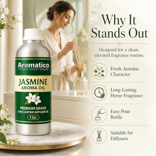 Image of AROMATICO Jasmine Diffuser Oil with Strong, Long-Lasting Aroma. Premium Aroma Oil for Homes, Offices & Showrooms. Aromatherapy, Diffusers, Air Purifiers, Vaporizers - 1 L(1000 ml)