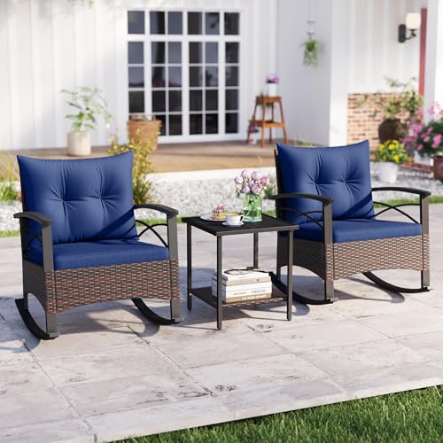Image of Tangkula 3 Pieces Wicker Outdoor Rocking Chairs Set | Heavy Duty Cushioned Rattan Patio Rocker Bistro Set, 2-Tier Side Table w / Acacia Wood Tabletop, for Porch Balcony Backyard