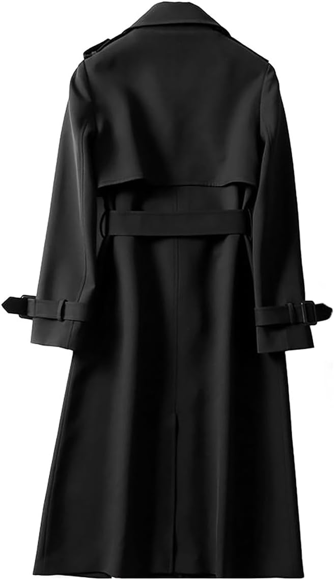 Women's Double Breasted Long Trench Coat Belted Notch Lapel Overcoat Classic Outerwear Casual Slim Windbreaker
