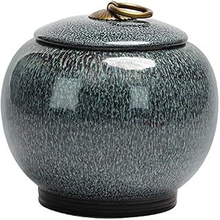 BELLE VOUS Vintage Chinese Ceramic Loose Tea Storage Canister Jar with Airtight Sealed Lid - Traditional Grey Caddy for Food, Coffee, Sugar, Spice and Nuts - Container For Kitchen and Home Decoration