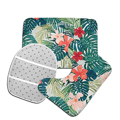 UBINYSS Badematte + Konturmatte + Toilettendeckelbezug, tropische Pflanzen Blumen 3 Stück Badematte Set, mit rutschfester Klebeunterseite – Bild 5