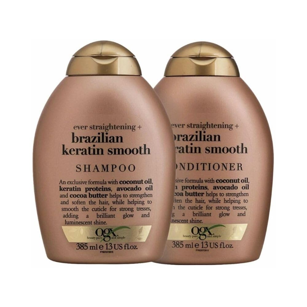 OGX Ever Straightening Shampoo & Conditioner with Brazilian Keratin, 385ml Pack of 2, Smooth & Silky Hair, Keratin Treatment for Frizz-Free, Straighter-Looking Hair