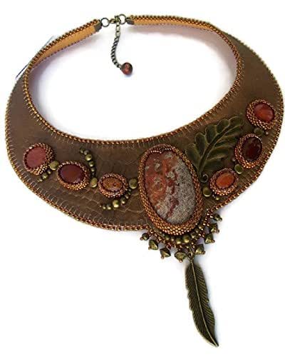 Collier Pendentif Avec Plastron En Os Teinté Et Pierres Fines - Orange/rouille (neuf, Inde)