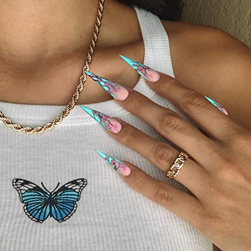 Votacos Press On Nails Long Stiletto Fake Nails Baby Blue False Nails With Sakura Design Matte Full Cover Stick On Nails For Women #TOP1