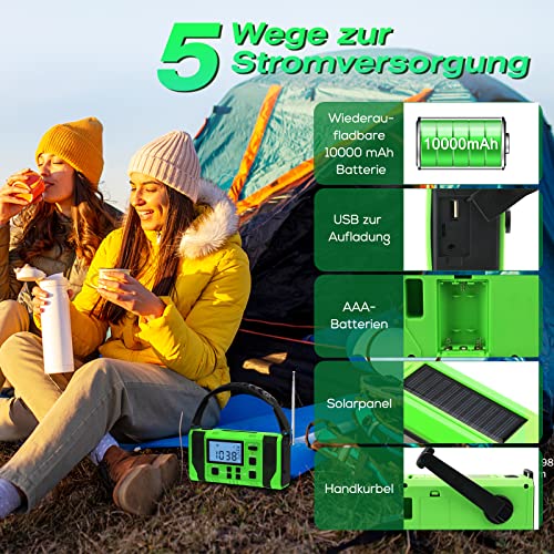 10000mah Kurbelradio Notfall Weltempfänger Solar Radio Kurbel Batterie Tragbare Notfallradio Dynamo Taschenlampe Handkurbel Weltradio Batteriebetrieben AM/FM/SW/WB für Camping Outdoor Ausrüstung – Bild 3