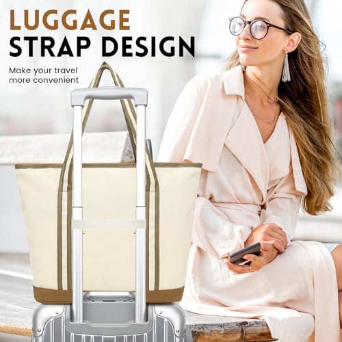 Image of Large Canvas Tote Bag for Women, Beach Bag with Zipper, Utility Tote Bag with 3 Front Pockets, Weekender Pool Bag
