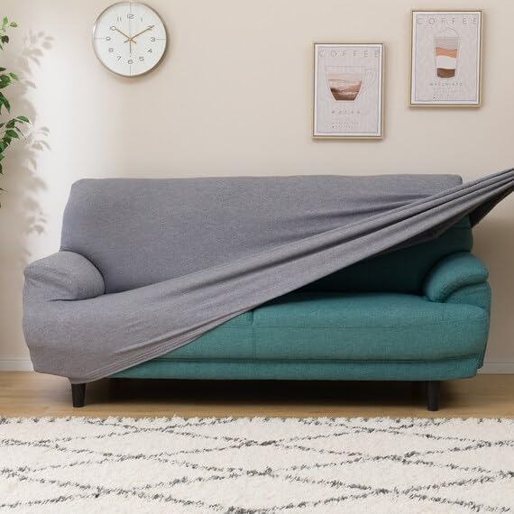 ニトリ　グレージュファブリック3人掛けソファ　ほぼ新品　専用ストレッチカバーつき Amazon｜ニトリ(NITORI) 肘付ストレッチソファカバー モトル GY 3人