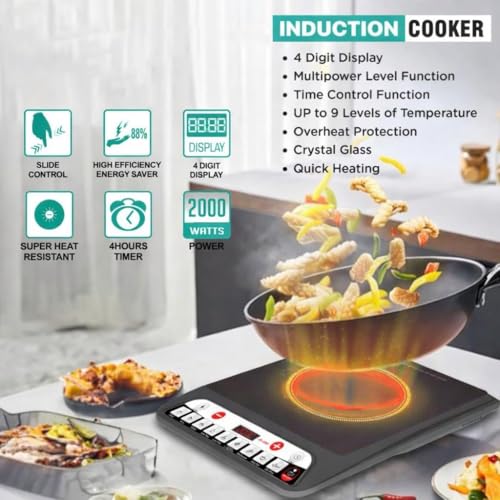 Image of Urban Decor 2000W Induction Cooktop with Slide Touch Control, Four-Digit LED Display, 9 Temperature Levels, 4-Hour Timer, Crystal Glass Surface, Energy Efficient Portable Induction Cooker