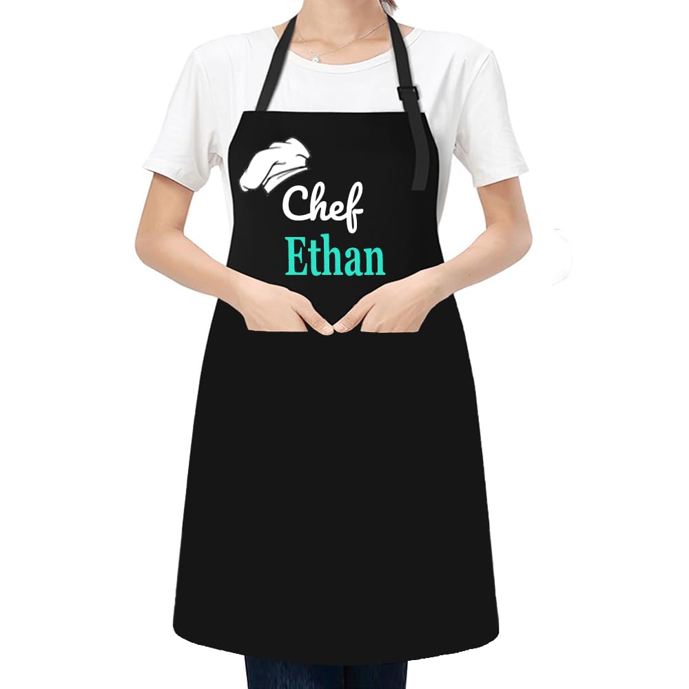 KAMXPOE Personalized Chef Apron with Name Text, Custom Adult Aprons for Women Men, Adjustable Polyester Waterproof Chefs Professional Aprons with Pockets, Gifts for Family BBQ Baking Cooking