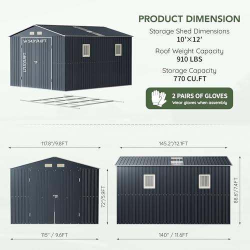Image of 10x12 FT Outdoor Metal Storage Shed with Floor Frame, Double Swing Doors, 2 Clear Windows, Replaceable Skylight Roof Panel, Tool Shed for Garden, Patio, Backyard