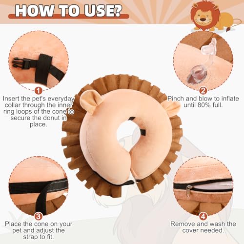 Image of KOOLTAIL Inflatable Dog Cone Collar, Soft Donut E Collar for Dogs After Surgery to Stop Licking Enhanced Alternative, Blow Up Pet Neck Pillow Recovery Adjustable Cone for Dog Cat, Lion XL