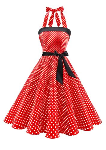 Timormode Damen Vintage Cocktailkleid Knielang Neckholder Swing Retro Rockabilly Kleid M Klein Rot Weiß