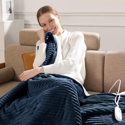 Heated Blanket Electric Throw 50"x60" Heating Blanket 450gsm Ribbed Flannel Sherpa Ultra-Soft with 5 Heating Levels and 4 Hour Auto Off, ETL & FCC Certified Electric Blanket, Great Winter Gift