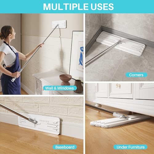 Image of JOYMOOP Flat Mop System, 8L Mop and Bucket Set with Extension Handle, White, Large Capacity Floor Cleaning Mop for Household & Commercial Use, Includes 5 Microfiber Pads for Wet & Dry Cleaning