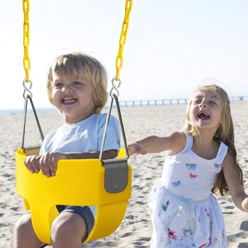 Image of Heavy-Duty High Back Full Bucket Toddler Swing Seat with 60 inch Coated Swing Chains and Carabiners for Easy Install Fully Assembled (Yellow)