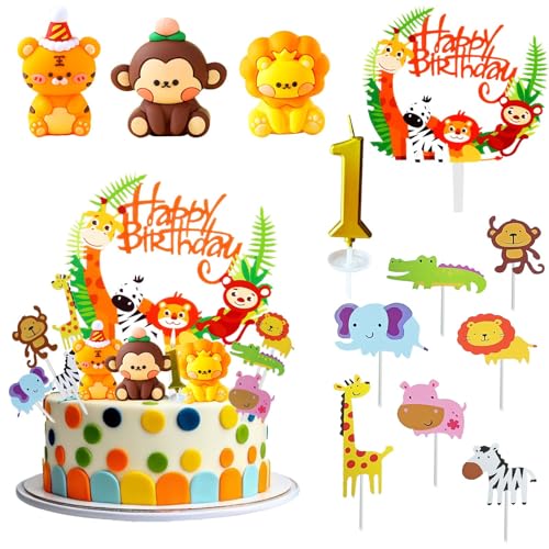 Joyek Decoração bolos de aniversário animais da selva - 12 peças Topper de madalenas para decoração de aniversário 1 ano safari figuras animais decoração bolo para festa de aniversário infantil