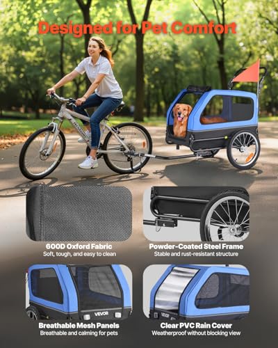 VEVOR Hundeanhänger, bis zu 40 kg, 2-in-1-Fahrradanhänger für kleine und große Hunde, klappbarer Rahmen mit Rädern, universelle Fahrradkupplung, inkl. Flagge, interne Leine, 1380x755x800 mm