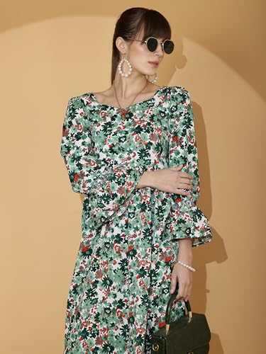 Image of Sheetal Associates Women's Casual Flared Sleeve Crepe Floral Fit and Flare Dress