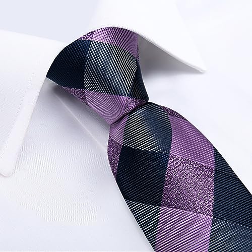 Image of DiBanGu Plaid Ties for Men Silk Checkered Necktie and Pocket Square Cufflinks Tie Clip Set with Gift Box for Wedding Business