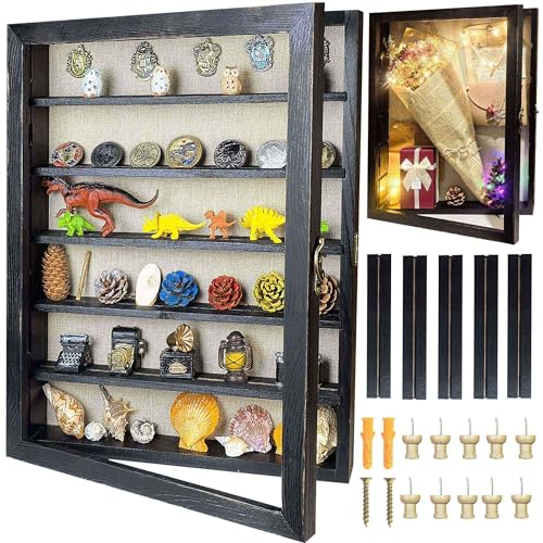Image of Black Shadow Box Frame 16x20 Shadow Box with Shelves 2.6 inch Interior Depth Memorial Shadow Box Display Case with Linen Back for Handicrafts,Picture Frames,Medals,Coins,Pins Collection and More