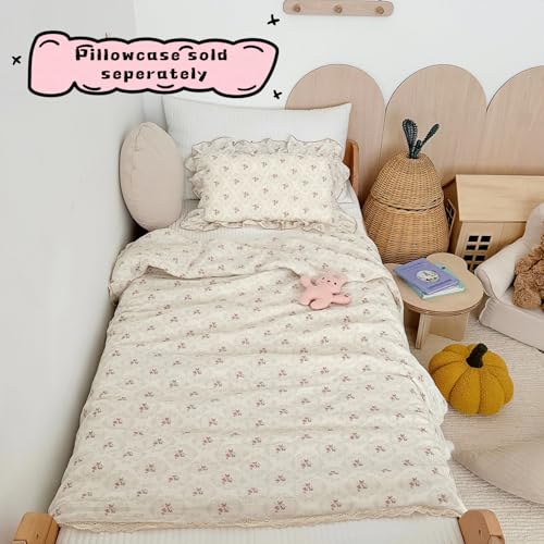 Image of BuLuTu Double-Layer Cotton Muslin Toddler Quilted Blanket, Romantic Floral Design Baby Girls Crib Comforter with Lace Edges, Soft Lightweight Kids Quilt, 47 inchx59 inch, Begonia Print