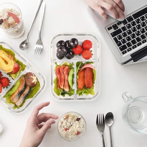 Image of 3 Compartment Rectangular Lunch Box, Food Storage Container with Air Vent Lid, Glass Storage Bowl with Clamp for Office School and Travel 1000ML Pack of 1 (Multi-Color)