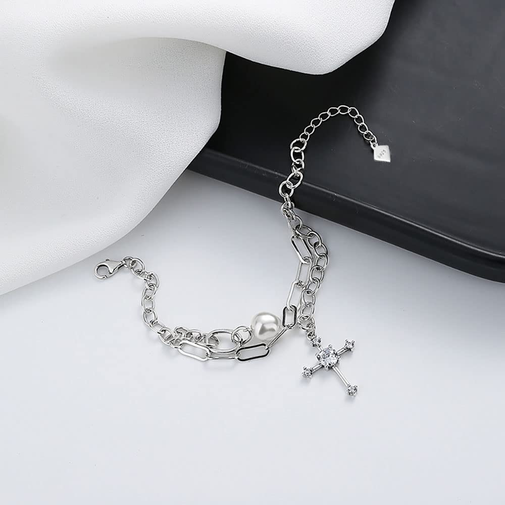 HLTYGWX Bracciale da Donna Bracciale Punk con Croce a Doppio Strato in Argento Sterling