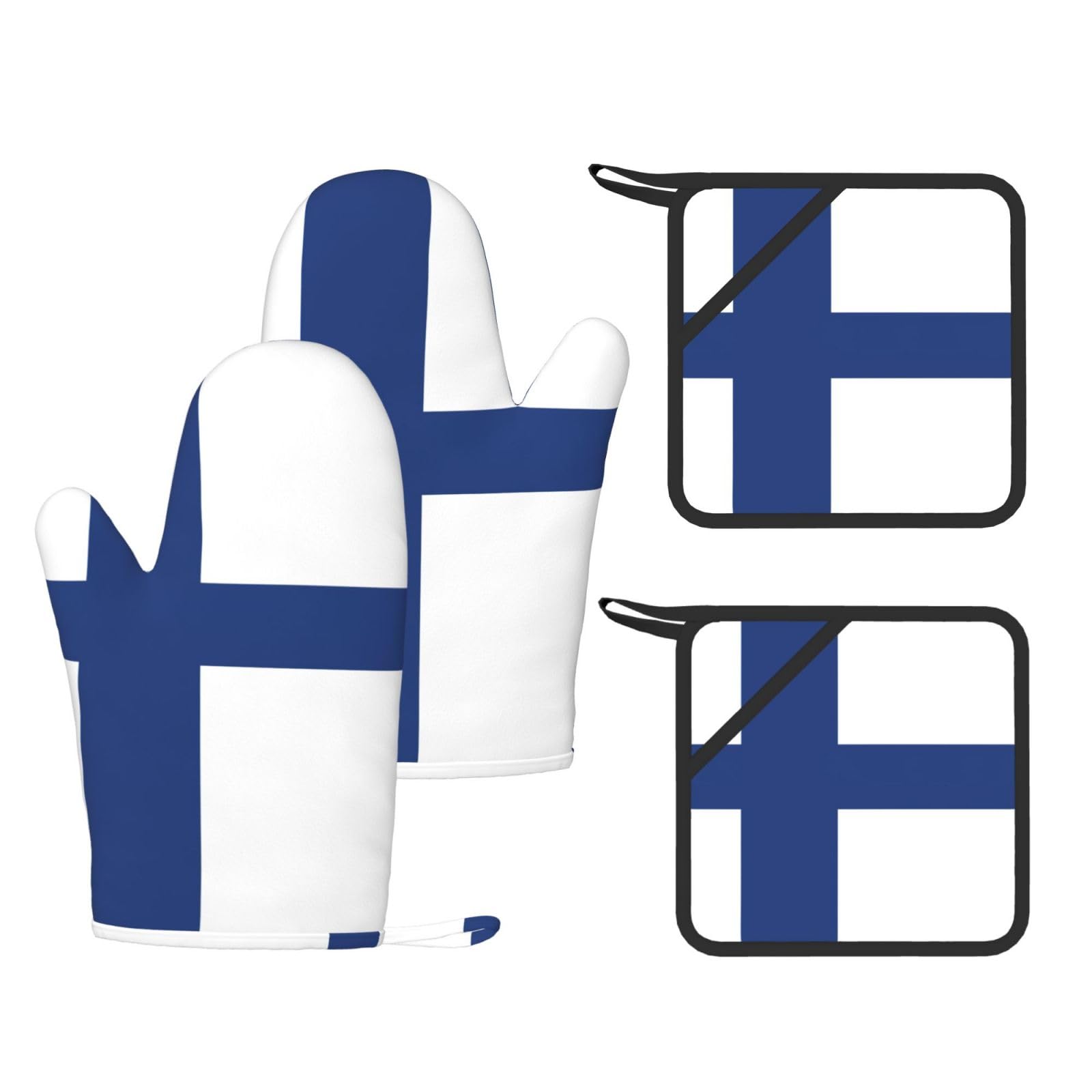 Finnish flag Printed Kitchen Oven Gloves and Potholder 4 Pcs, Non-Slip Heat Resistant Mitts for Baking Chef