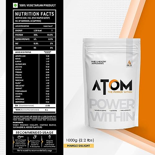 Image of AS-IT-IS ATOM Whey Protein Isolate 1kg | 30g protein, 6.1g BCAA & 13g EAA | Ultra Pure-Fast acting Protein |Mango Delight Flavor