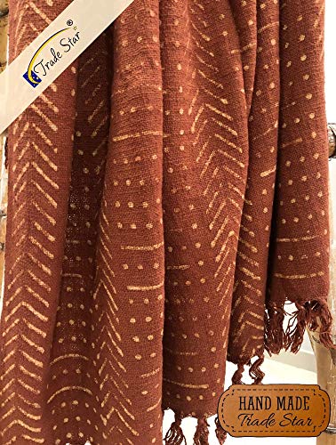 Trade Star Decorative Ethnic Block Print Throw Blanket For Couch 100% Cotton Soft Tassel Blanket Handmade Mudcloth Throw For Home Handloomed Housewarming Gift (Rust, Snow (120 X 170 Cms)) #TOP2