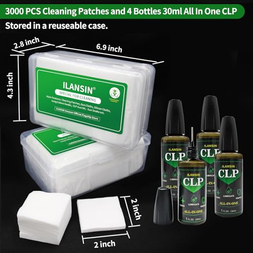 ILANSIN 3000PCS Gun Cleaning Patches+ 4 Bottles CLP Oil (120ml),2\"x2\" Lint Free Gun Cleaning Cloth,Professional Wipes for Shot Pistol and All Caliber of Firearms.Gun Cleaning Kit Store in Boxes