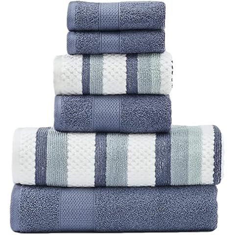 Modern Threads Pax 6-Piece Reversible Yarn Dyed Jacquard Towel Set - Bath Towels, Hand Towels, & Washcloths - Super Absorbent & Quick Dry - 100% Combed Cotton, Denim Cover