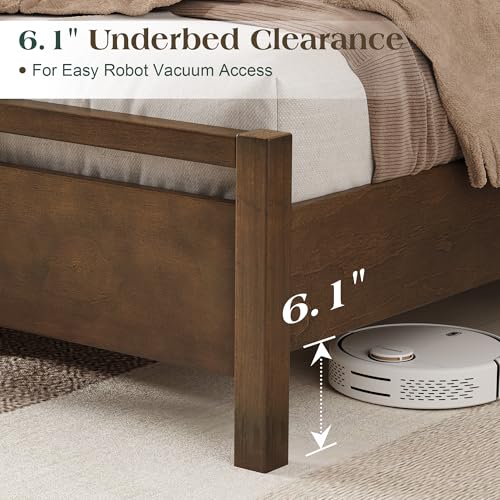 Image of AMERLIFE Queen Size Solid Wood Bed Frame with Headboard, Minimalist Platform Bed with Wooden Slats Support /No Box Spring Needed /Easy Assembly /Noise-Free, Dark Brown
